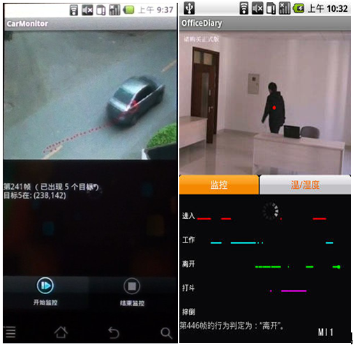 基于移动终端的视频监控系统(左:应用于道路车辆监控;右:应用于办公室日常行为记录)